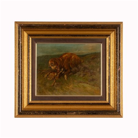 TITO PELLICCIOTTI (attribuito a) (Barisciano, 1871 - Barisciano, 1950) 
Cane da caccia con lepre 
olio su tavola cm 24x29; con cornice cm 41x46,5