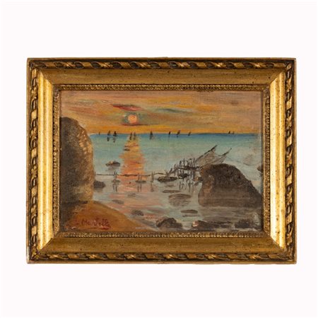 Luigi Martella (Vasto, 1911  - 1978) 
Tramonto sul trabocco 
olio su tela riportata su cartone cm 15,5 x 22,5; con cornice cm 22,5x29