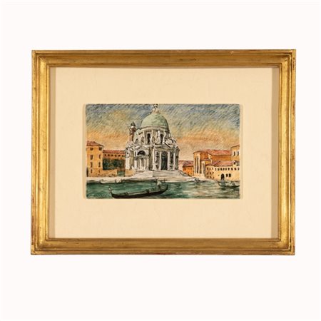 Alessandro  Pandolfi (Castellammare Adriatico, 1887 - Pavia, 1953) 
Panorama di Venezia dal mare con la centro la Basilica di Santa Maria della Salute 
 cm 16,3 x 26,4; con cornice cm 34,5x44,3