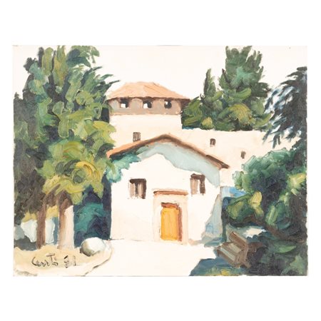 Giuseppe Centi (Rieti, 1904 - L'Aquila, 1983) 
Caseggiato 
olio su cartone telato cm 40x50
