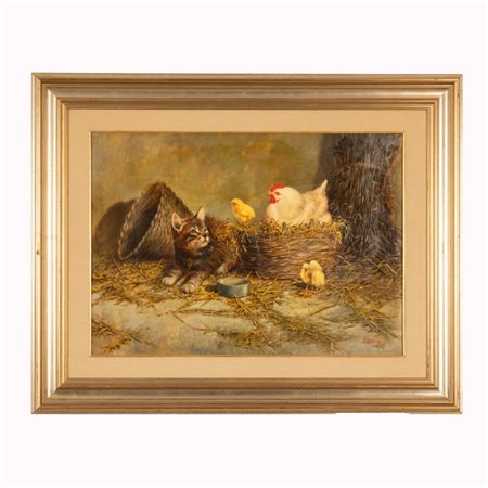 Eduardo  Cerrone (Napoli, 1935 - Napoli, 2010) 
Gattino, gallina e pulcino 
olio su tela cm 48x68; con cornice cm 72x94