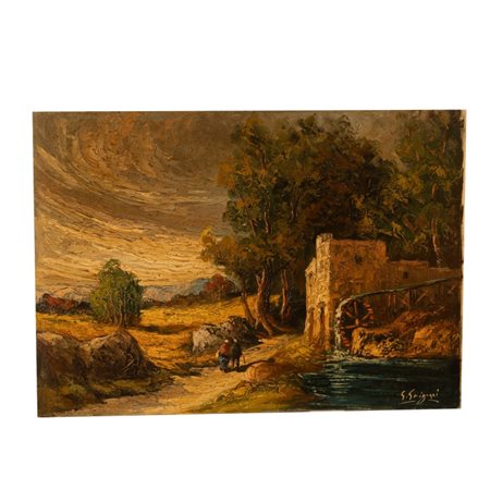 Gino Grignani (XX secolo - ) 
Viandanti in paesaggio con antico mulino 
olio su tela cm 59,5x80; con cornice cm 75x95,5