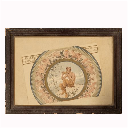 Basilio Cascella (Pescara, 1860 - Roma, 1950) 
Piatto con Dio Pan 
litografia cm 54,5x37,5; con cornice cm 84x61