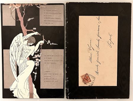 Basilio Cascella (Pescara, 1860 - Roma, 1950) 
Necrologio artistico realizzato su cartoncino per la morte di Raffaele Orsini 
 cm 23,2x15,2 