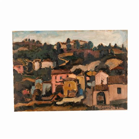 Giuseppe Centi (Rieti, 1904 - L'Aquila, 1983) 
Scorcio di paese 
olio su cartone telato cm 33x47
