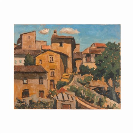 Giuseppe Centi (Rieti, 1904 - L'Aquila, 1983) 
Scorcio di paese 
olio su masonite cm 35x52