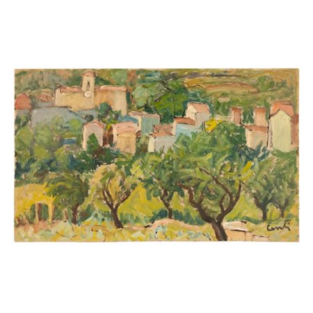 Giuseppe Centi (Rieti, 1904 - L'Aquila, 1983) 
Paesaggio rurale 
olio su cartone cm 33,5x55