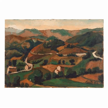 Giuseppe Centi (Rieti, 1904 - L'Aquila, 1983) 
Paesaggio rurale 
olio su cartone telato cm 35x52