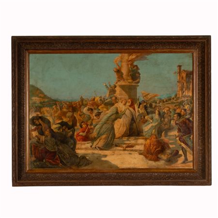 Basilio Cascella (Pescara, 1860 - Roma, 1950) 
Massacro degli Albigesi 
oleografia cm 68x98; con cornice cm 87,5x115