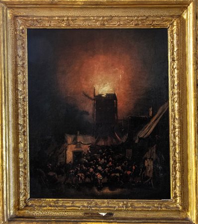 Egbert van der Poel (attribuito a) (Delft, 1621 - Rotterdam, 1664) 
INCENDIO DEL MULINO 
olio su tavola 43,5x36 s.c. , con cornice 58,5x51,5