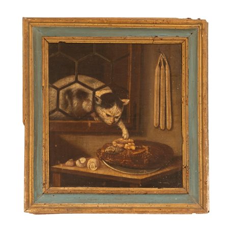 Antonio  Cifrondi (bottega di) (Clusone, 1656 - BRescia, 1730) 
Dipinto olio su tela raff. "Gatto" 
 cm 55,5x50,5; con cornice cm 72,5x68,5