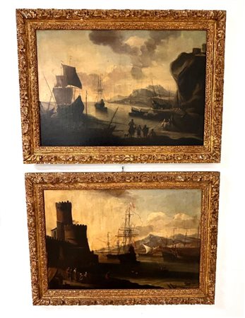 Agostino  Tassi (attribuito a) (Ponzano Romano, 1580 - Roma, 1644) 
Coppia di paesaggi costieri sul Mediterraneo  fine XVI inizi XVII sec
olio su tela cm 50x73,5; con cornice cm 64x87,5