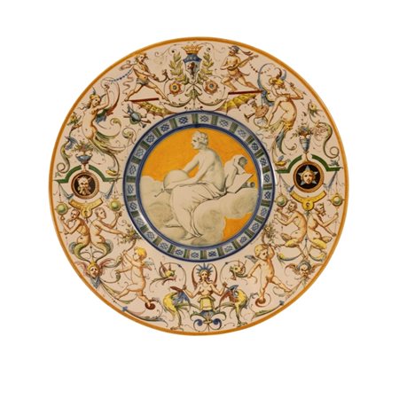 Manifattura Fabbriche Riunite di Ceramiche, Faenza prima decade del XX secolo  
Piatto da parata in ceramica istoriata 
 diametro cm 43