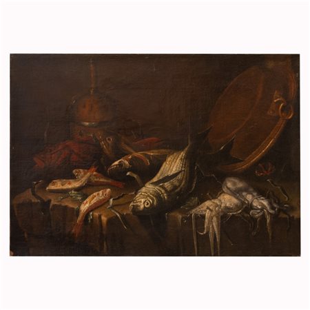 Elena Recco (ambito di) (Napoli, 1654 - Madrid, 1715) 
Natura morta con pesci e oggetti in rame 
olio su tela cm 60x85,5