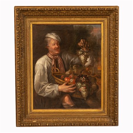  
Venditore di frutta con cesto in vimini XVII secolo 
 cm 88x71x; con cornice cm 125x107