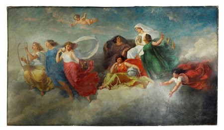Eugene Faure (Seyssinet (Francia), 1822 - Parigi, 1879) 
EUGÉNE FAURE "ALLEGORIA DELLE ARTI" XIX SEC.
Olio su Tela 185,5x330,5 cm