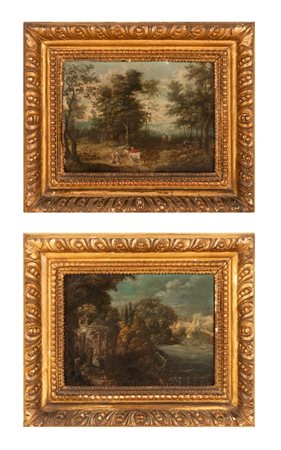 Pittore fiammingo della prima decade del XVII secolo  
Coppia di dipinti fiamminghi su rame   
olio su rame cm 17x22,5; con cornice cm 28x33,5