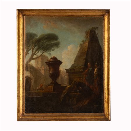 Giovanni Paolo Panini (bottega di) (Piacenza, 1691 - Roma, 1765) 
Capriccio architettonico della Piramide Cestia con cratere classico 
olio su carta applicata su tela cm 47x38; con cornice cm 55x46