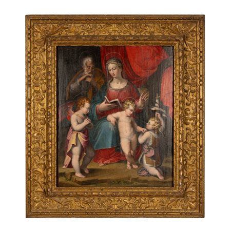 Pittore bolognese del XVI secolo  
Pittore bolognese del XVI sec. "Sacra Famiglia con San Giovannini e angelo"  XVI secolo
olio su tavola cm 82x65; con cornice cm 120x104