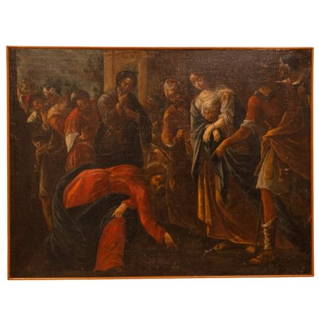 Nicolò Musso (ambito di) ( Casale Monferrato, 1585 ca - 1623) 
CRISTO E L'ADULTERA XVII sec
Olio su tela cm 113,5x150
