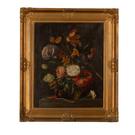 Jacob van Walscapelle (copia da) (Dordrecht , 1644 - Amsterdam, 1727) 
Composizione di fiori XX secolo
olio su tela cm 60x48,5; con cornice cm 75,5x65