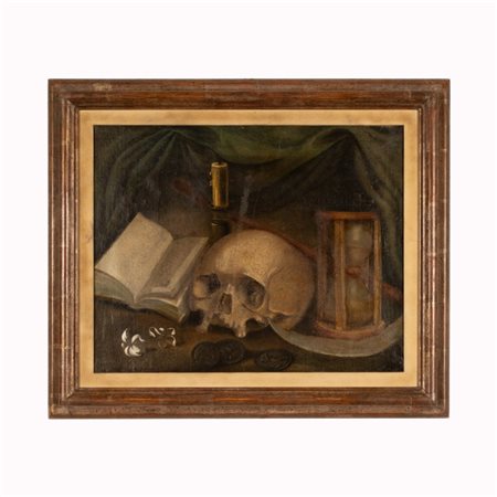 Pittore del XIX secolo  
Natura morta con vanitas 
olio su tela cm 44x56; con cornice cm 72x60