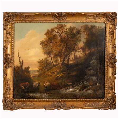 Barker of Bath (attribuito a) (Pontypool, 1769  - Bath, 1847 ) 
Contadina con fascio di spighe e tre mucche sul greto di un fiume al limitar di un bosco. 
Olio su tela cm 53x 63