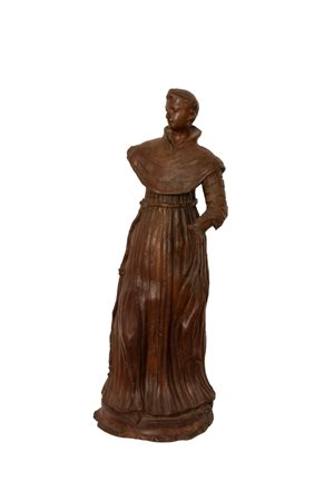 Manifattura dell'Italia centrale del XVIII secolo  
Scultura in terracotta cava e brunita ad imitazione del legno raffigurante un francescano. 
 cm 47,6x19,3