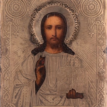  
Icona russa raffigurante Cristo Pantocratore con riza vermeille   XIX secolo
 cm 22x17,5