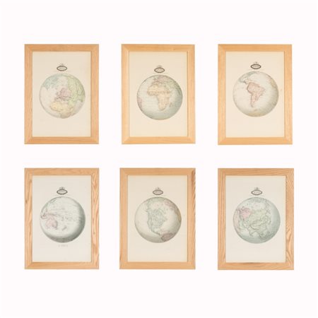  
Lotto di sei incisioni raffiguranti mappamondi con i vari continenti  
 cm 58x40,5; con cornice cm 70x51