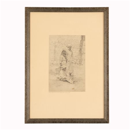 Luigi Angelo  Longanesi Cattani (Bagnacavallo, 1908 - Roma, 1991) 
Tre piccoli contadini nell'aia 
grafite su carta cm 27x17; con cornice cm 53,5x39