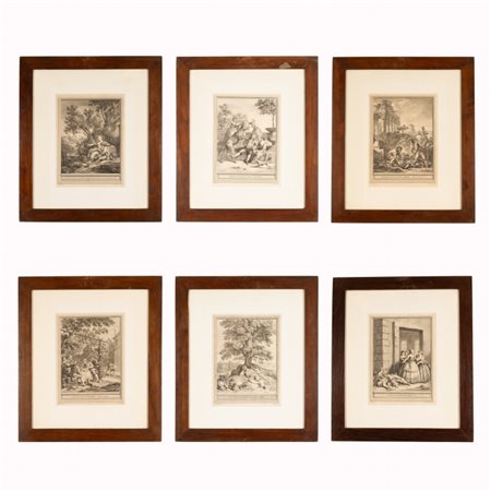  
Lotto di sei acqueforti tratte dal volume "Fables choisies 
 cm 45x37; con cornice cm 54x46