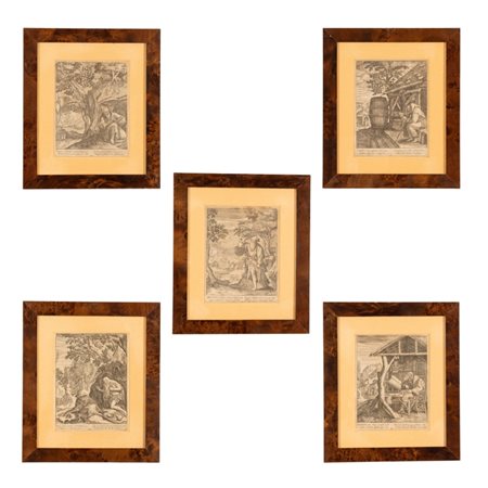  
Lotto di cinque tavole calcografiche di Francesco Valesio 
 cm 19,5x14,5; con cornice cm  32,5x28