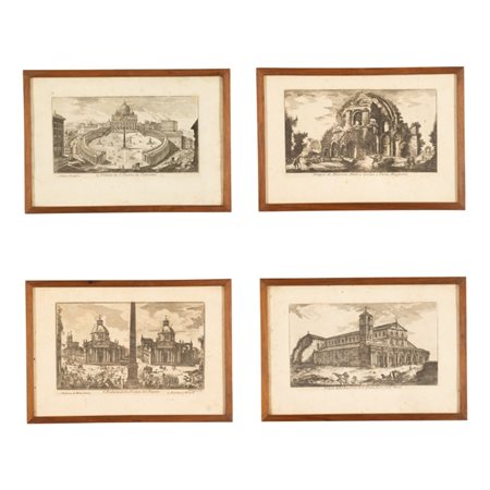  
Lotto di quattro incisioni su Roma rappresentanti rispettivamente: 
 cm 22,5x33x3; con cornice cm 25x36,5