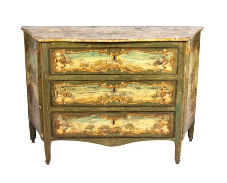  
Comò italiano laccato Luigi XV Marche, XVIII secolo
 Altezza x larghezza x profondità: 95 x 137 x  48 cm