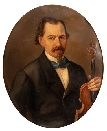 Artista anonimo, XIX secolo  
Ritratto virile con violino 
Olio su cartone cm. 71x58,5. Con cornice