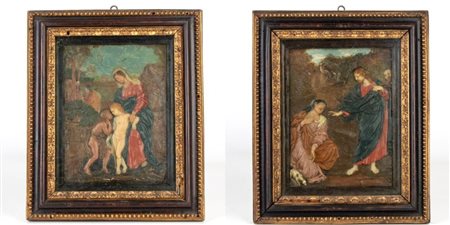 Giovanni Francesco Pieri (attribuito a) (Prato, 1699 - Napoli, 1773) 
Coppia di ceroplastiche italiane Napoli, XVII-XVIII secolo
 Altezza x larghezza x profondità ciascuna: 31 x 25 x 4 cm. Peso complessivo: 2328 gr.