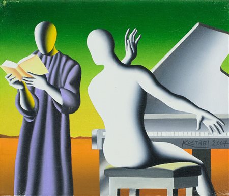 Mark Kostabi (Los Angeles, 1960) Recital 2007 Olio su tela cm. 25x30 Firma e...