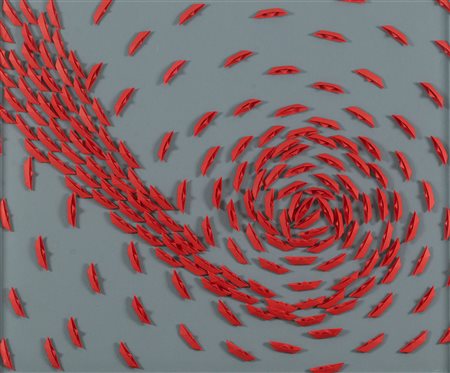 Riccardo Gusmaroli (Verona, 1963) Vortice rosso 2023 Barche di carta su tela...