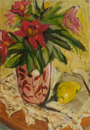 Gianni Bertini (Pisa, 1922 - Caen, 2010) Natura morta Olio su cartone cm....