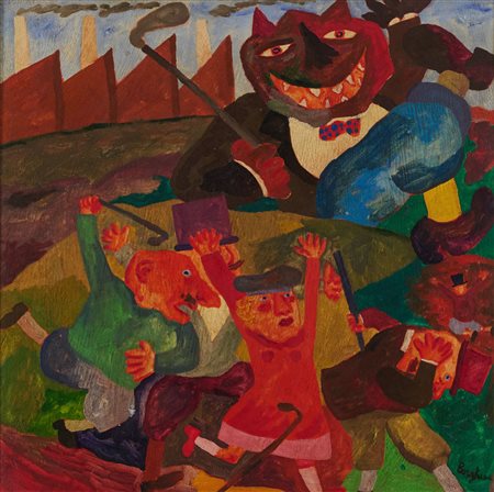 Franz Borghese (Roma, 1941 - Roma, 2005) Un demonio nel campo di golf Olio su...