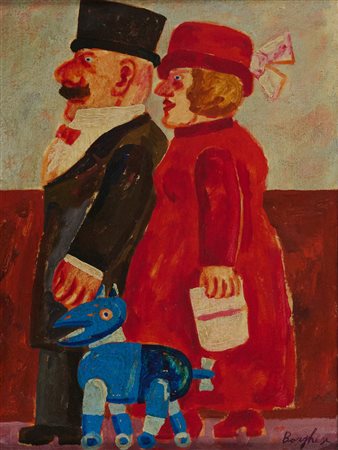 Franz Borghese (Roma, 1941 - Roma, 2005) Coniugi con cane robot Olio su tela...