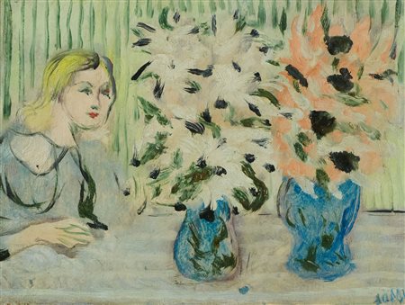 Aligi Sassu (Milano, 1912 - Pollenca (E), 2000) Figura con vasi di fiori Olio...