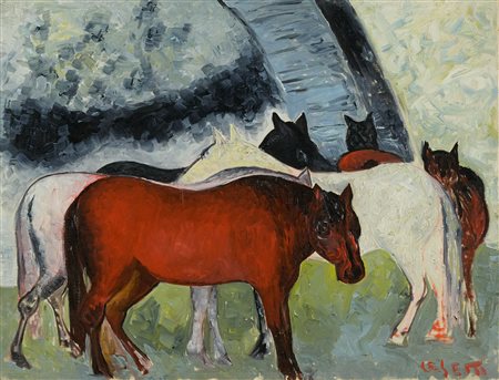 Giuseppe Cesetti (Tuscania (Vt), 1902 - 1990) Cavalli Olio su tela cm. 35x45...