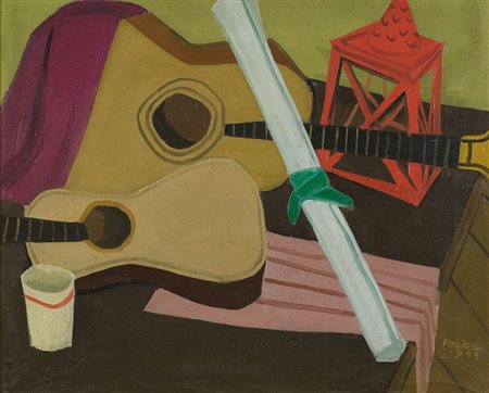 Pino Ponti (1905 - 1999) Natura morta con chitarra 1948 Olio su tela cm....