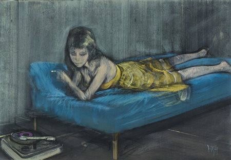 Alberto Sughi (Cesena, 1928 - 2012) Donna distesa Olio su tela cm. 70x100...