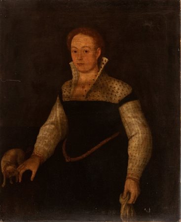 Artista veneziano, XVI - XVII secolo Ritratto di gentildonna con cagnolino...