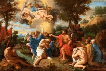 Artista emiliano, XVII secolo Battesimo di Cristo Olio su tela cm. 51,5x75,5....