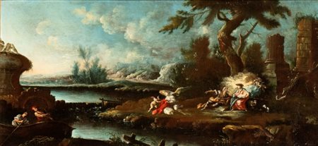 Artista genovese, XVII secolo Paesaggio con fuga in Egitto Olio su tela cm....