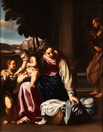 Carlo Bononi (Ferrara, 1569 - 1632) Sacra Famiglia con San Giovannino Olio su...